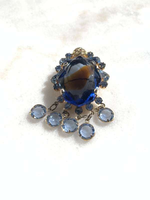 Brooch - Large Central Blue Glass Bead & hanging light blue beaded pendants, Light Blue Teardrop ...