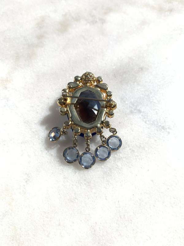 Brooch - Large Central Blue Glass Bead & hanging light blue beaded pendants, Light Blue Teardrop ...