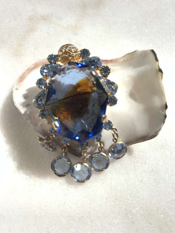 Brooch - Large Central Blue Glass Bead & hanging light blue beaded pendants, Light Blue Teardrop ...