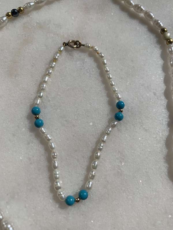 Set - Seed Pearl Necklace & Bracelet set with gold, blue and pink beads in between #ML840| Dimens...