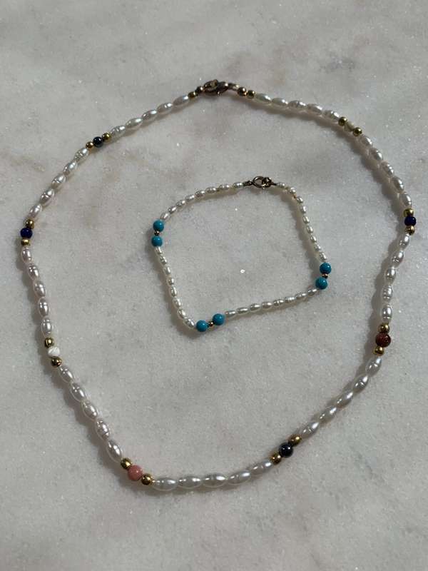 Set - Seed Pearl Necklace & Bracelet set with gold, blue and pink beads in between #ML840| Dimens...