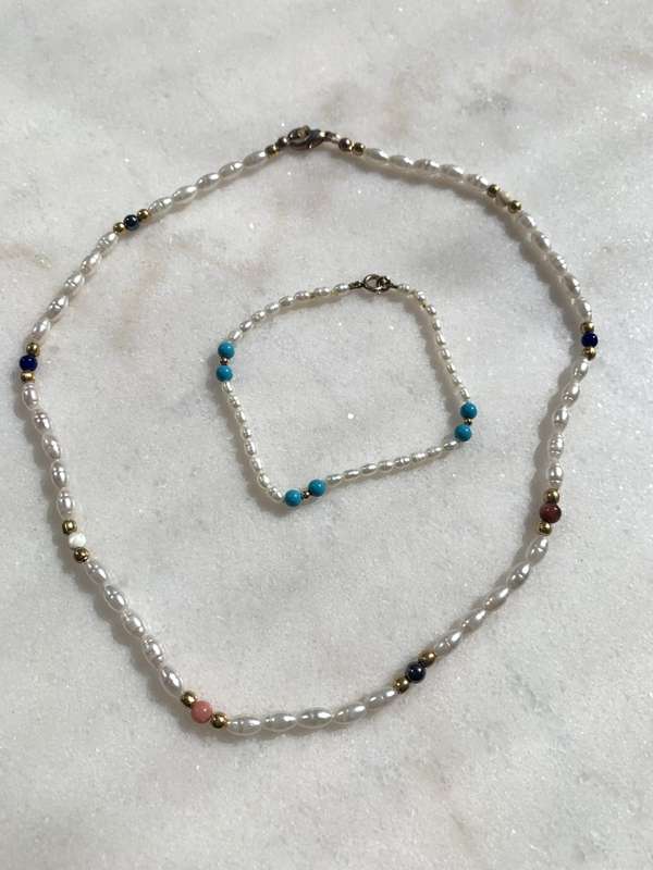 Set - Seed Pearl Necklace & Bracelet set with gold, blue and pink beads in between #ML840| Dimens...