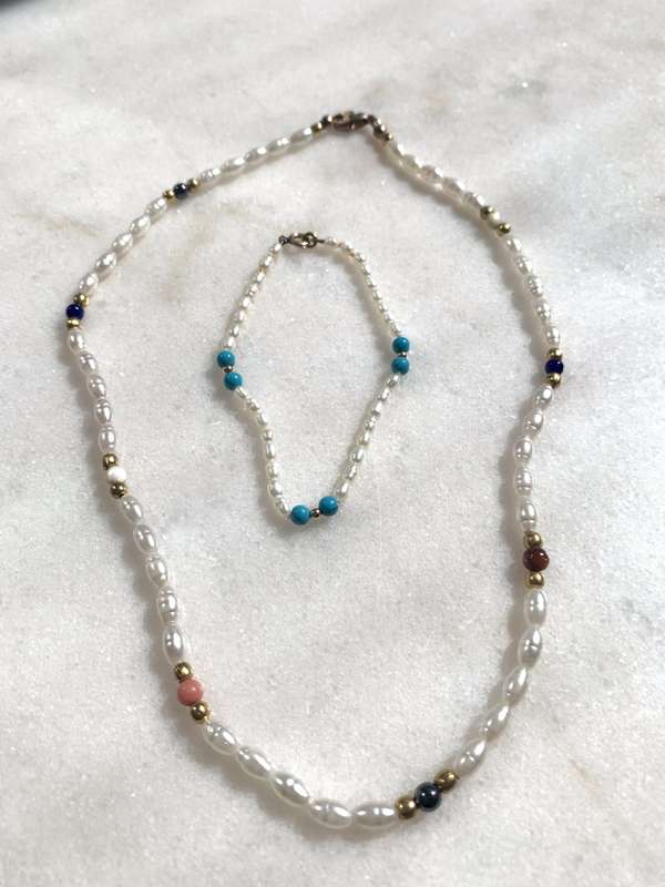 Set - Seed Pearl Necklace & Bracelet set with gold, blue and pink beads in between #ML840| Dimens...