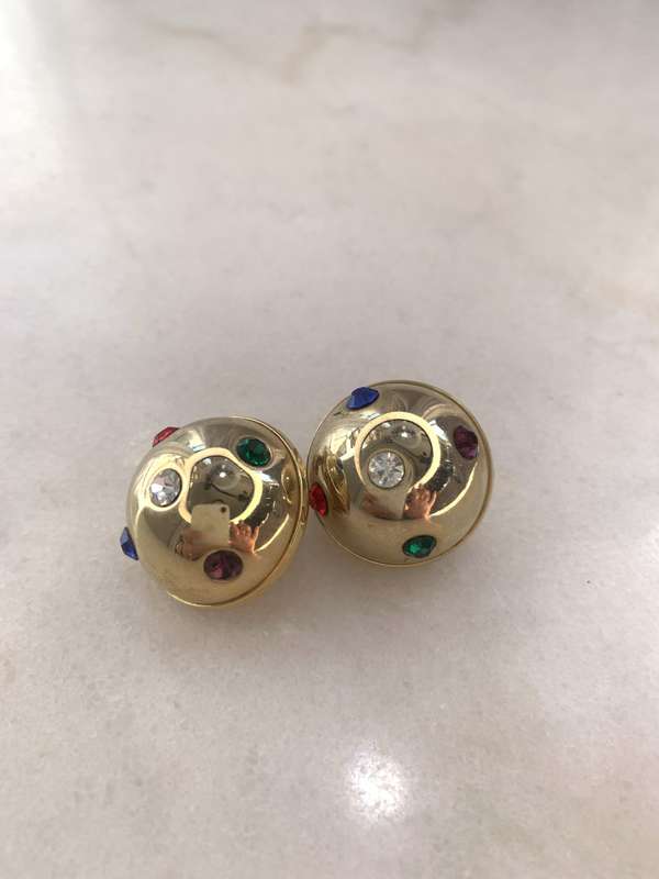 Gold Colour Round Domed Clip-on Earrings With Red, Green, Blue, White, Purple Faux Stones #ML782 ...