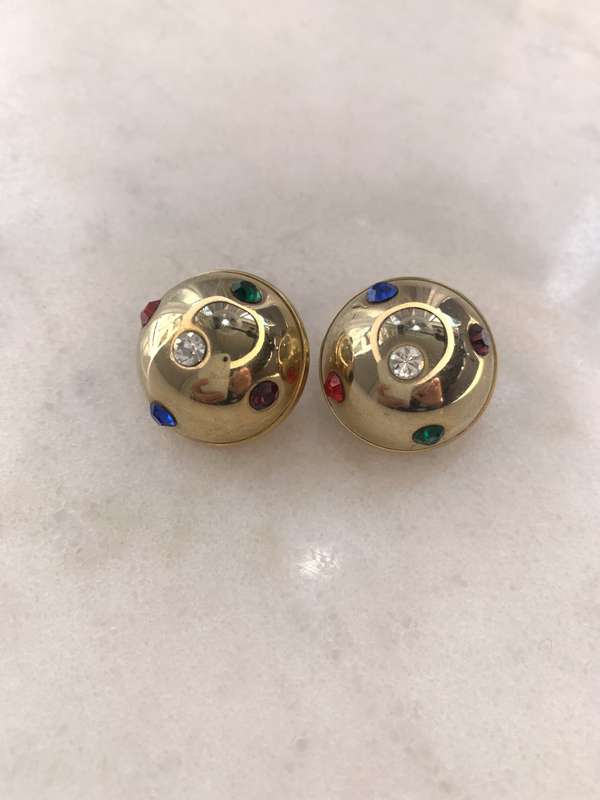 Gold Colour Round Domed Clip-on Earrings With Red, Green, Blue, White, Purple Faux Stones #ML782 ...