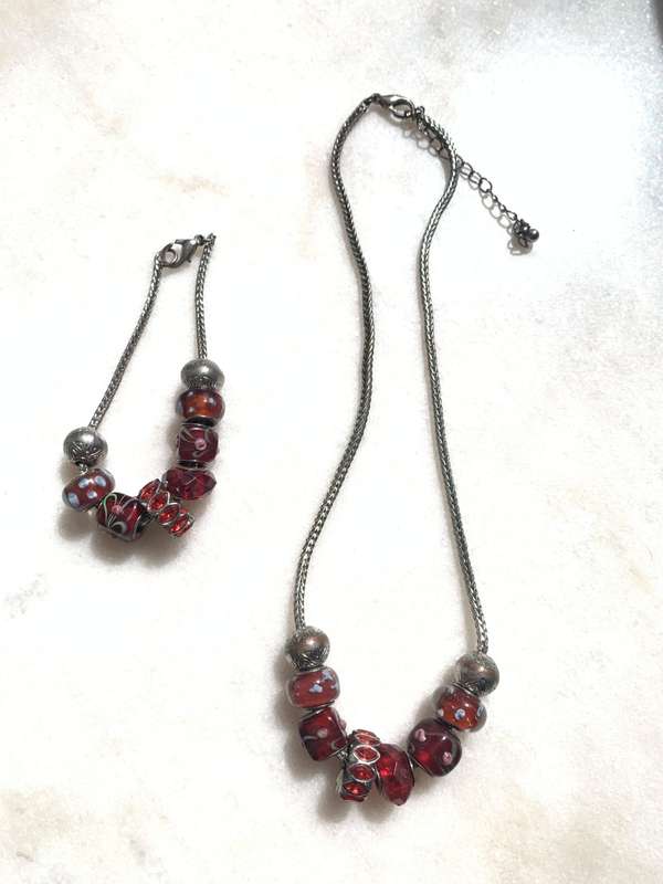 Silver Tone Necklace & Bracelet Set With Red And Silver Pendants #ML851| Dimensions: Necklace is ...