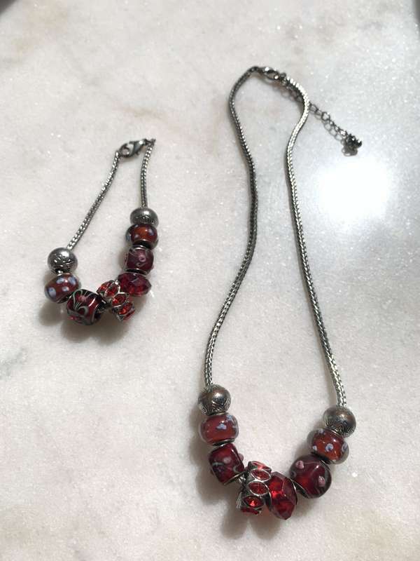 Silver Tone Necklace & Bracelet Set With Red And Silver Pendants #ML851| Dimensions: Necklace is ...