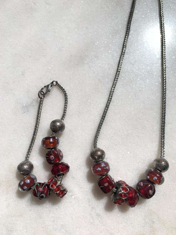 Silver Tone Necklace & Bracelet Set With Red And Silver Pendants #ML851| Dimensions: Necklace is ...
