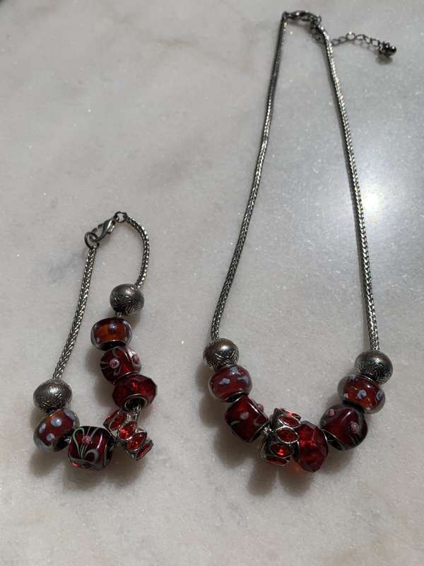 Silver Tone Necklace & Bracelet Set With Red And Silver Pendants #ML851| Dimensions: Necklace is ...