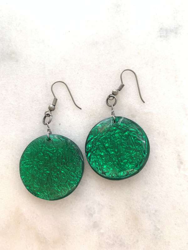 Earrings - Hanging Round Green Plastic Beads with Silver Colour Hooks #ML863