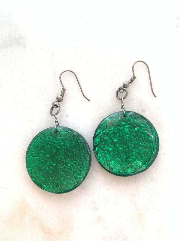 Earrings - Hanging Round Green Plastic Beads with Silver Colour Hooks #ML863