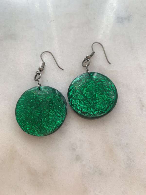 Earrings - Hanging Round Green Plastic Beads with Silver Colour Hooks #ML863