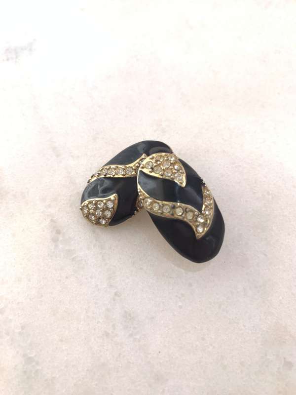 Black & Gold Colour Metal Oval Clip-On Earrings With Diamante #ML875  | Dimensions: 30mm x 15mm