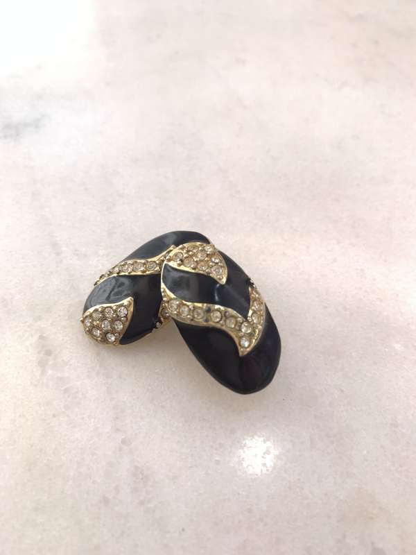 Black & Gold Colour Metal Oval Clip-On Earrings With Diamante #ML875  | Dimensions: 30mm x 15mm