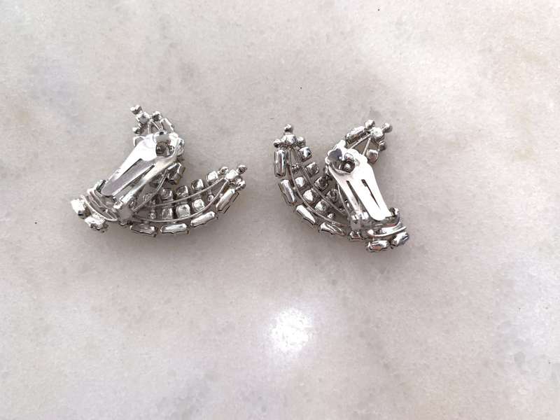Earrings - Sailboat Shape Blue & White Diamante Clip-Ons. Silver Colour #ML895