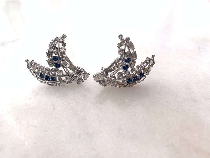 Earrings - Sailboat Shape Blue & White Diamante Clip-Ons. Silver Colour #ML895