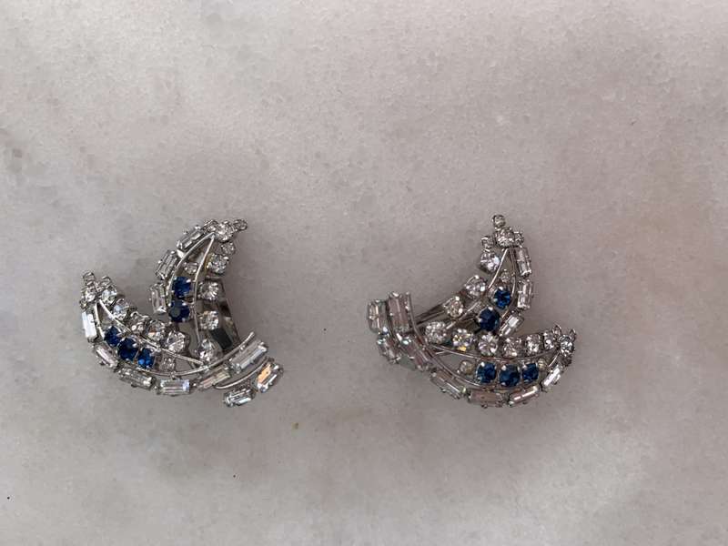Earrings - Sailboat Shape Blue & White Diamante Clip-Ons. Silver Colour #ML895
