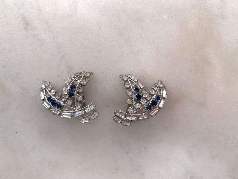 Earrings - Sailboat Shape Blue & White Diamante Clip-Ons. Silver Colour #ML895