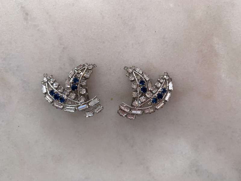 Earrings - Sailboat Shape Blue & White Diamante Clip-Ons. Silver Colour #ML895