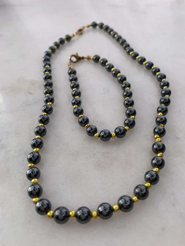 Necklace and Bracelet Set. Beaded Hermatite With Gold Colour Beads In Between #ML901 R395.00| Di...