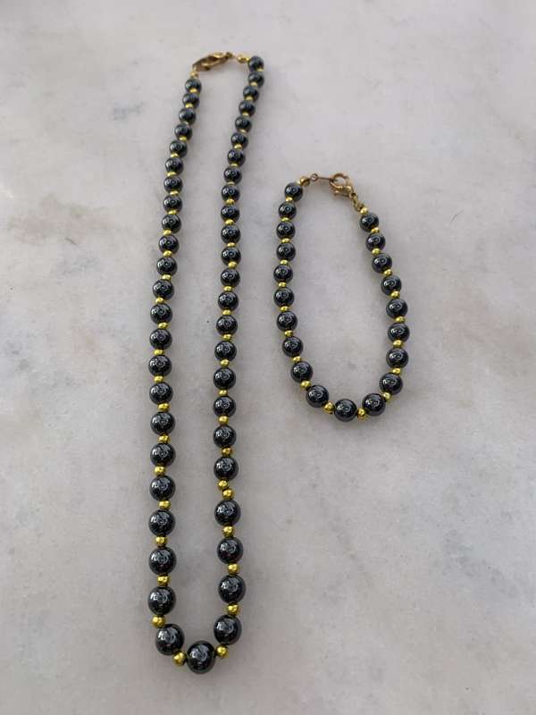 Necklace and Bracelet Set. Beaded Hermatite With Gold Colour Beads In Between #ML901 R395.00| Di...