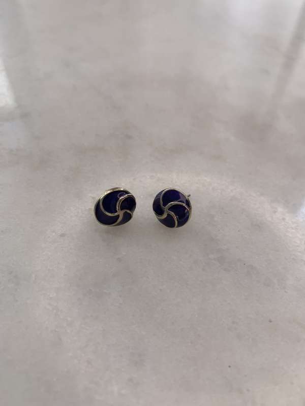 Round Purple Stud Earrings With Gold Coloured Swirl #ML914 R195.00 | Dimensions: 8mm D