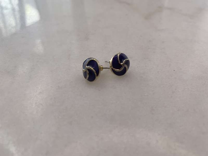 Round Purple Stud Earrings With Gold Coloured Swirl #ML914 R195.00 | Dimensions: 8mm D