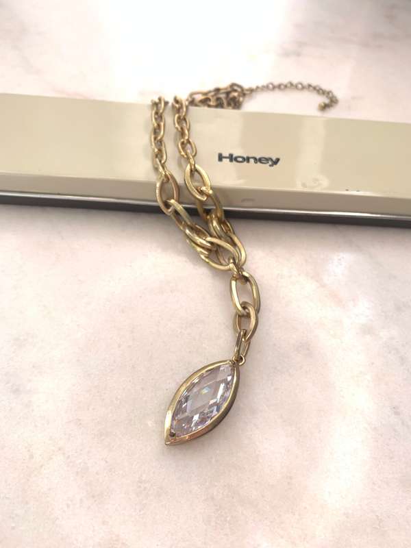 Gold Plated Honey Branded Necklace With Large White Marquise Shaped Bead #ML917 R245.00 | Dimensi...