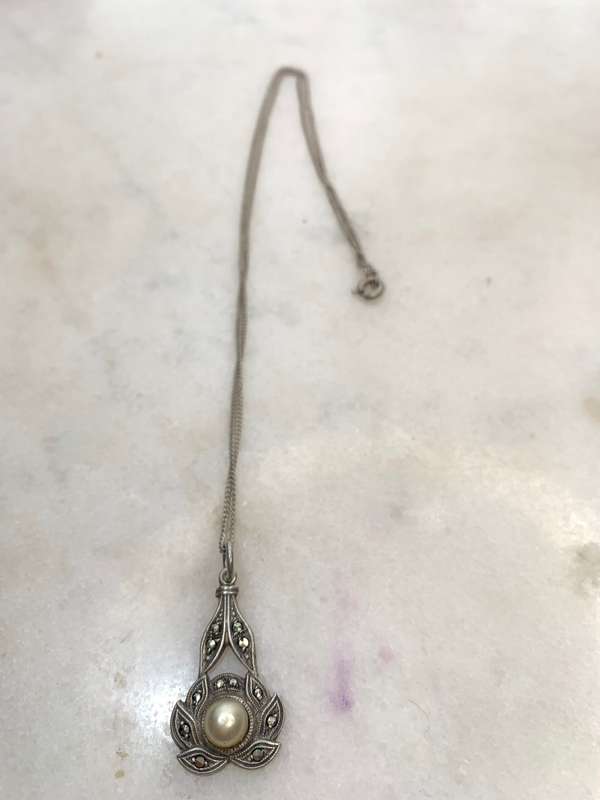 Necklace - Vintage Marcasite Pendant With Centre Pearl On Silver Chain. Pendant Marked SIL. Chain...
