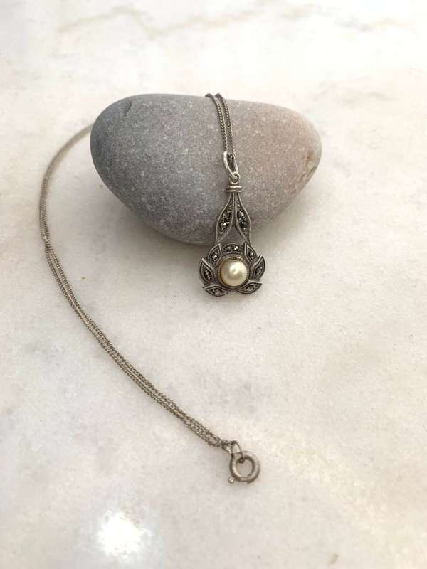 Necklace - Vintage Marcasite Pendant With Centre Pearl On Silver Chain. Pendant Marked SIL. Chain...