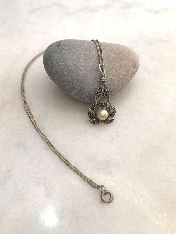 Necklace - Vintage Marcasite Pendant With Centre Pearl On Silver Chain. Pendant Marked SIL. Chain...