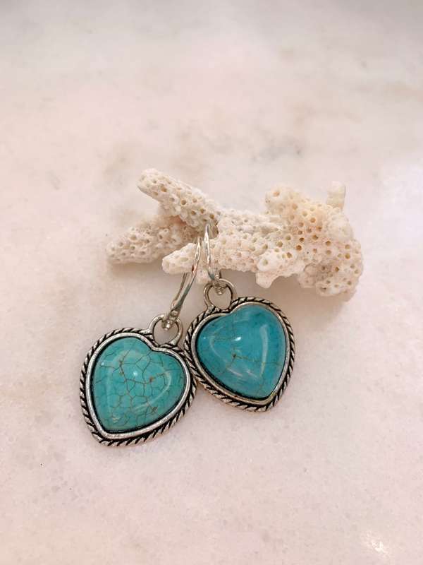 Earrings - Large Turquoise Heart Earrings, Set in Silver Tone Metal with Shepherd's Hook and 5 Sm...