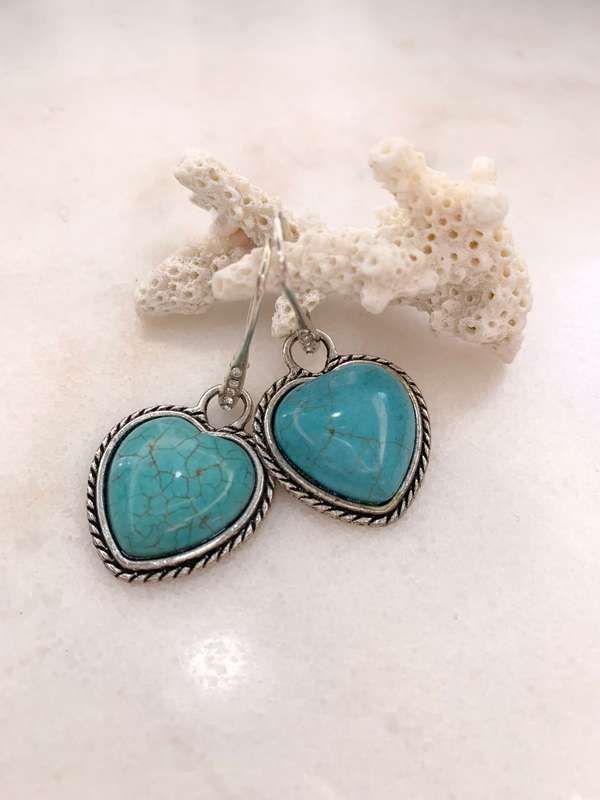 Earrings - Large Turquoise Heart Earrings, Set in Silver Tone Metal with Shepherd's Hook and 5 Sm...