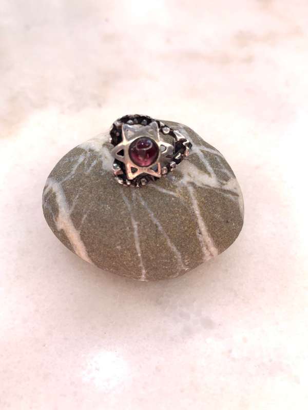 Brooch - Silver Coloured Magen David (Star Of David) on Patterned Border, Brown Stone #ML968 R195...