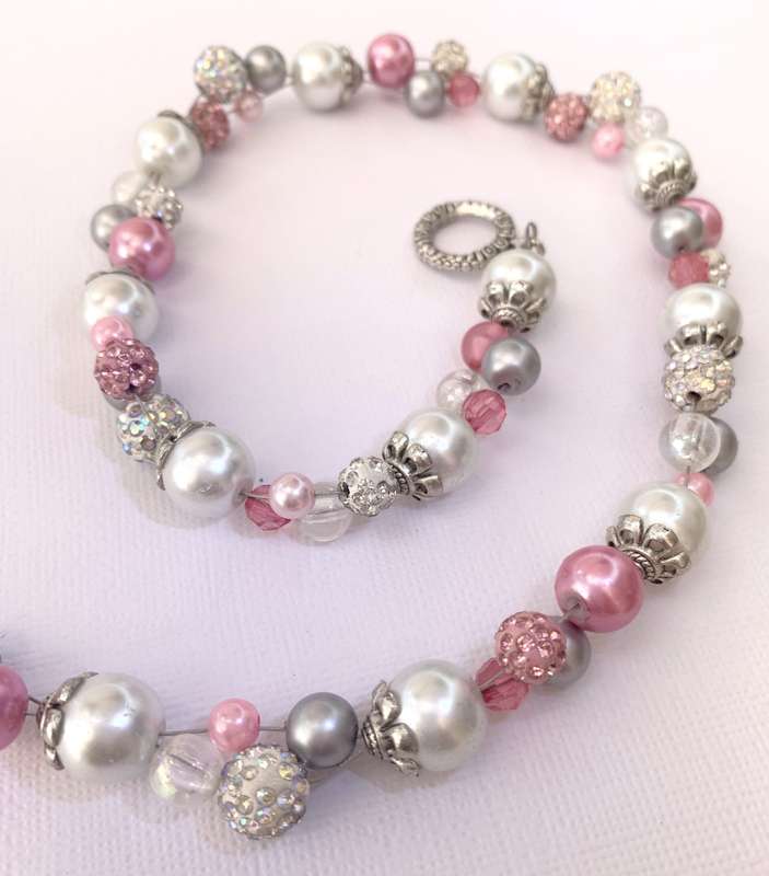 Necklace & Bracelet Set - Round Pink, White and Silver Studded Beads #ML1029 R220.00 | Dimensions...