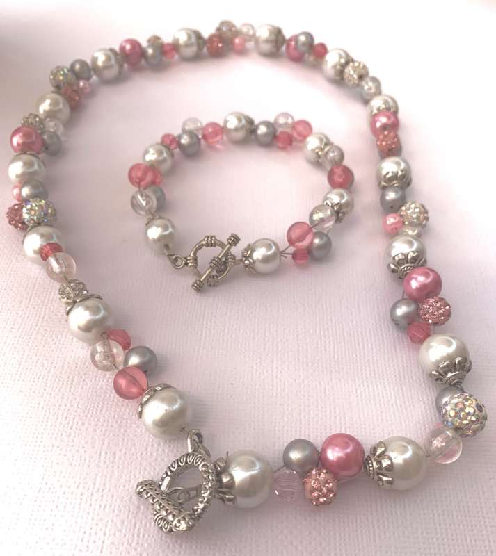 Necklace & Bracelet Set - Round Pink, White and Silver Studded Beads #ML1029 R220.00 | Dimensions...