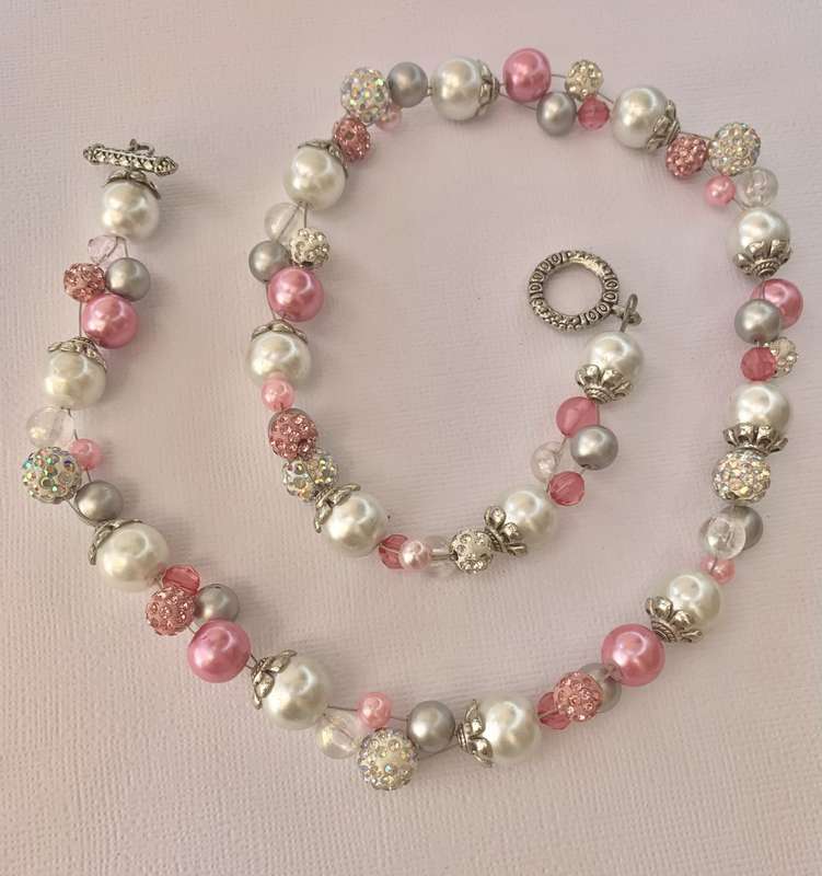 Necklace & Bracelet Set - Round Pink, White and Silver Studded Beads #ML1029 R220.00 | Dimensions...