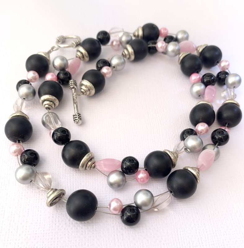 Necklace - Black, Pink, Silver and Clear Beads On Wire With Silver Colour Clasp #ML1031 R220.00 |...