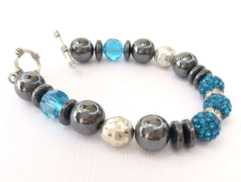 Bracelet - Blue, Grey and Silver Beads On Wire With Silver Colour Clasp #ML1032 R220.00 | Dimensi...