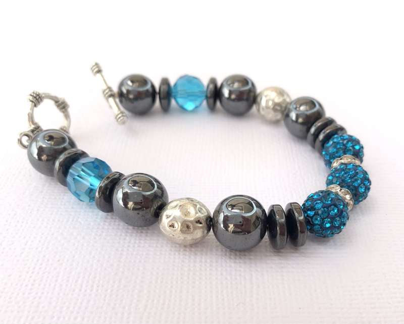 Bracelet - Blue, Grey and Silver Beads On Wire With Silver Colour Clasp #ML1032 R220.00 | Dimensi...