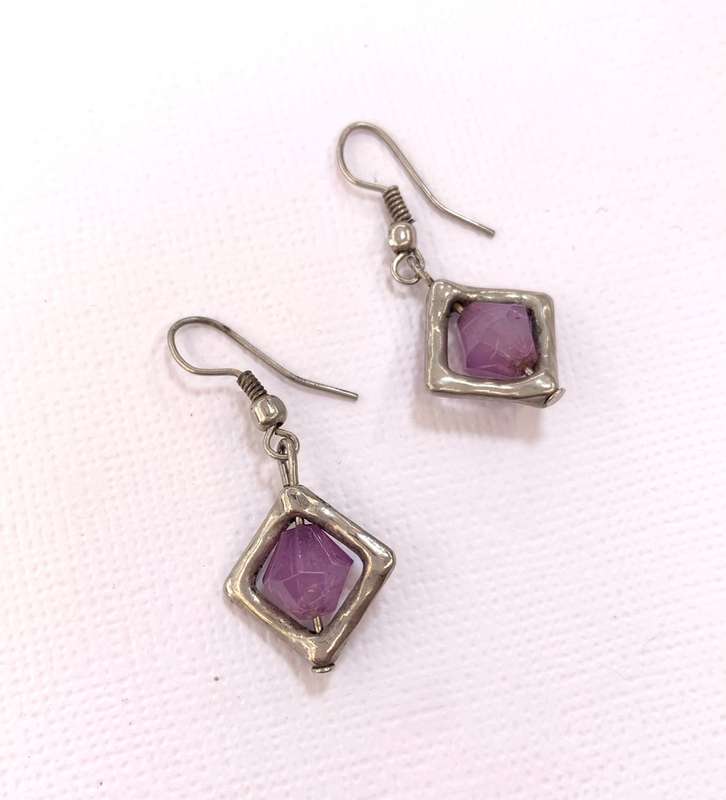 Earrings - Drop and Dangle. Purple Bead Surrounded By Silver Colour Metal #ML1049 R225.00 | Dimen...