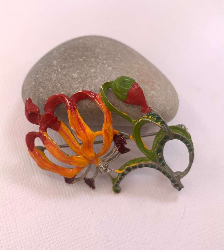 Brooch - Vintage Brooch With Red, Orange and Green Flowers and Leaves. 358 Vintage Silver #ML1059...