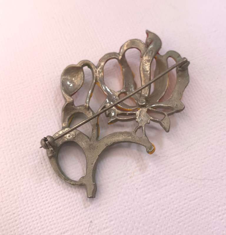 Brooch - Vintage Brooch With Red, Orange and Green Flowers and Leaves. 358 Vintage Silver #ML1059...