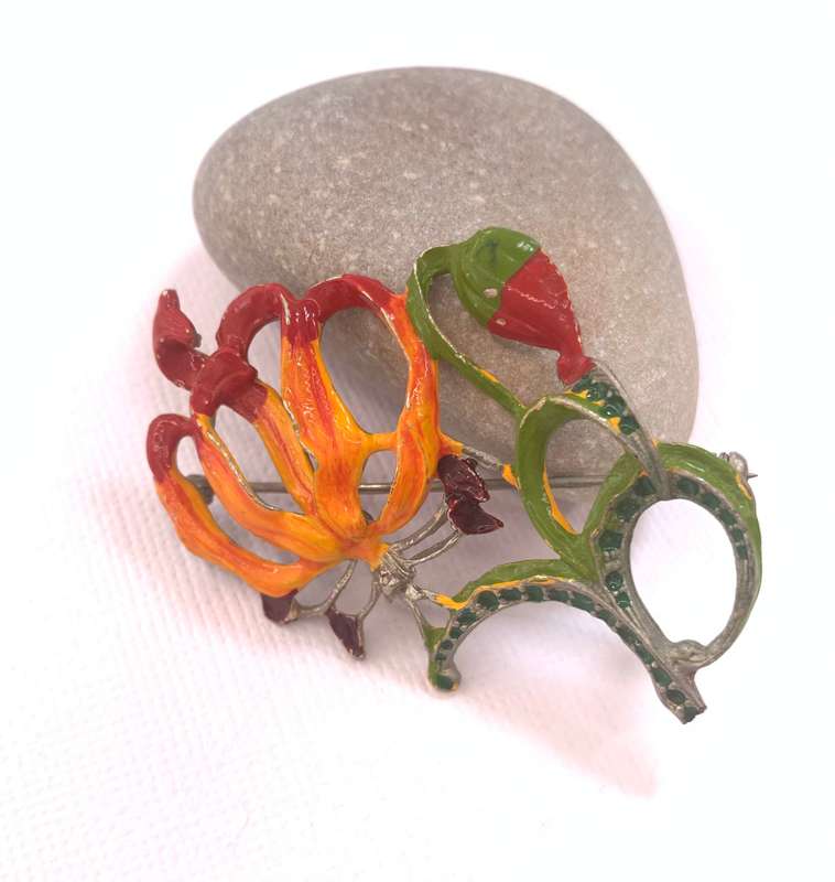 Brooch - Vintage Brooch With Red, Orange and Green Flowers and Leaves. 358 Vintage Silver #ML1059...