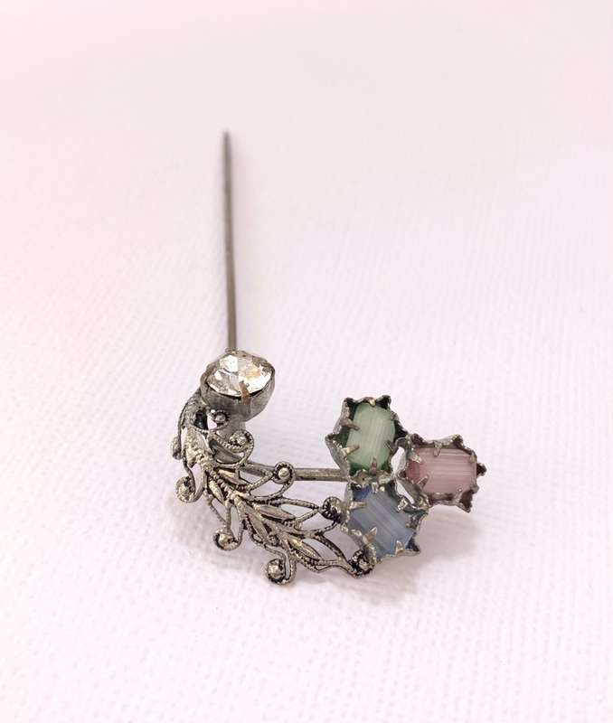 Lapel Pin - Vintage Pin With Blue, Green, Pink and White Pastel Colour Stones. Silver Colour #ML1...