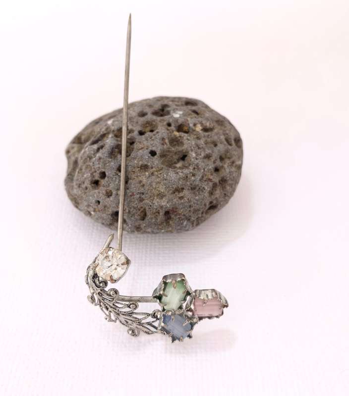 Lapel Pin - Vintage Pin With Blue, Green, Pink and White Pastel Colour Stones. Silver Colour #ML1...