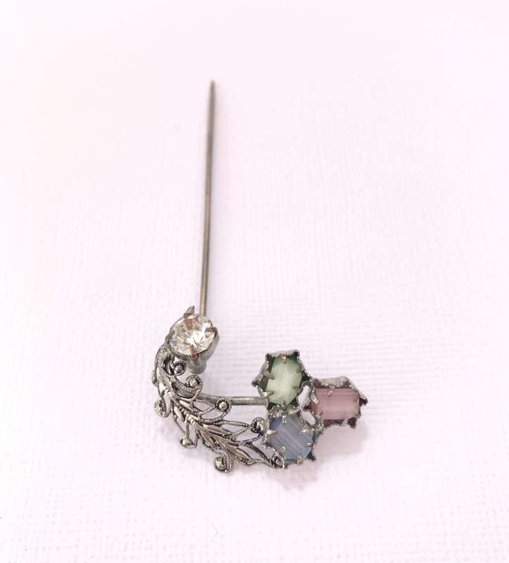 Lapel Pin - Vintage Pin With Blue, Green, Pink and White Pastel Colour Stones. Silver Colour #ML1...