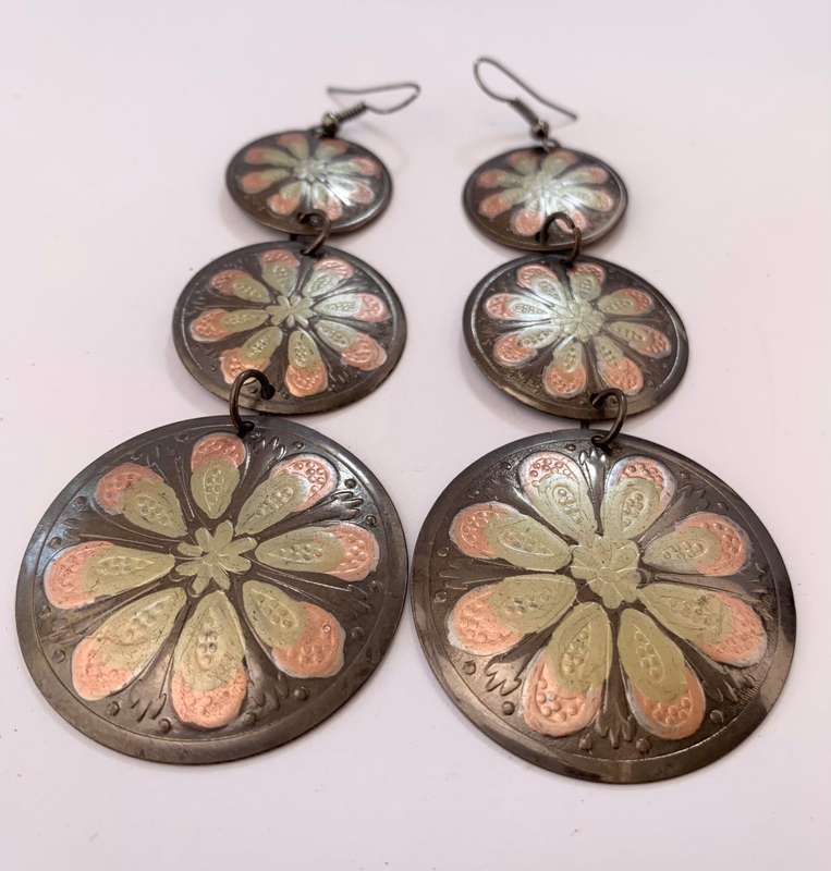 Earrings - Metal With 3 Dangling Circles in Differing Sizes. Flower Pattern Inside Each Circle #M...