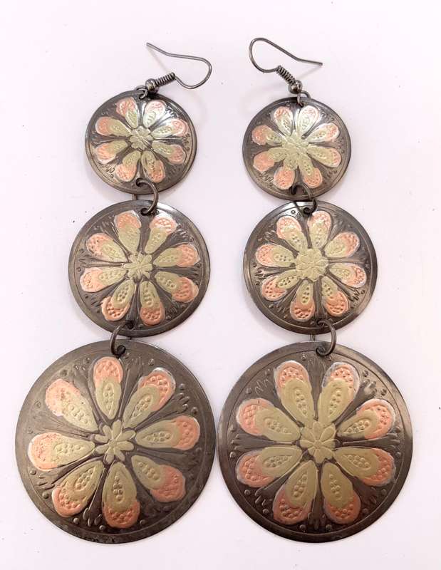 Earrings - Metal With 3 Dangling Circles in Differing Sizes. Flower Pattern Inside Each Circle #M...