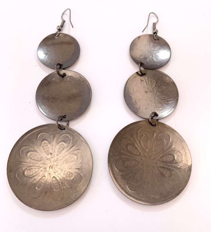 Earrings - Metal With 3 Dangling Circles in Differing Sizes. Flower Pattern Inside Each Circle #M...